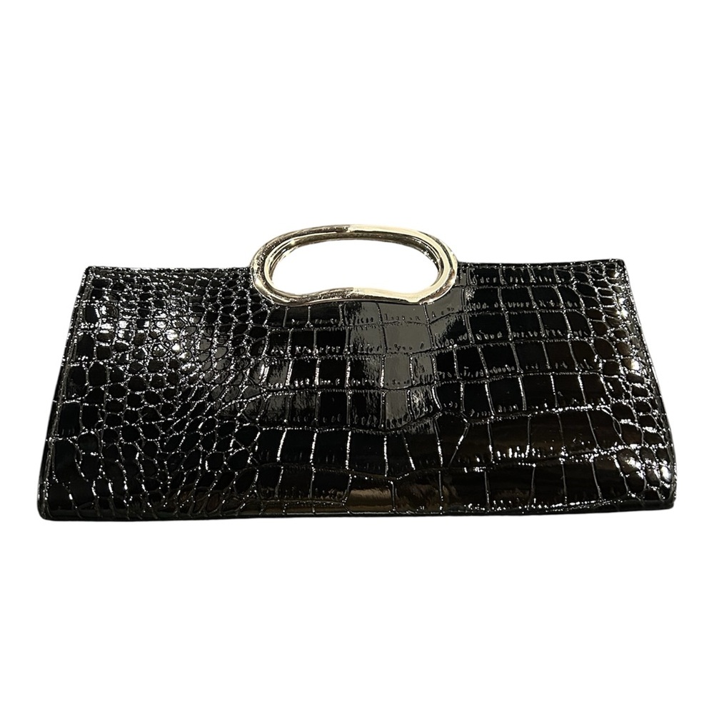 Chic Black Crocodile-Embossed Clutch with Gold Handle